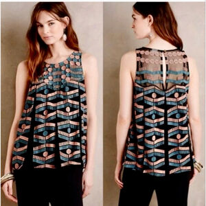 Anthropologie Akemi + Kin Kalila Embroidered Lace Inset Tank Top XS Black Peach